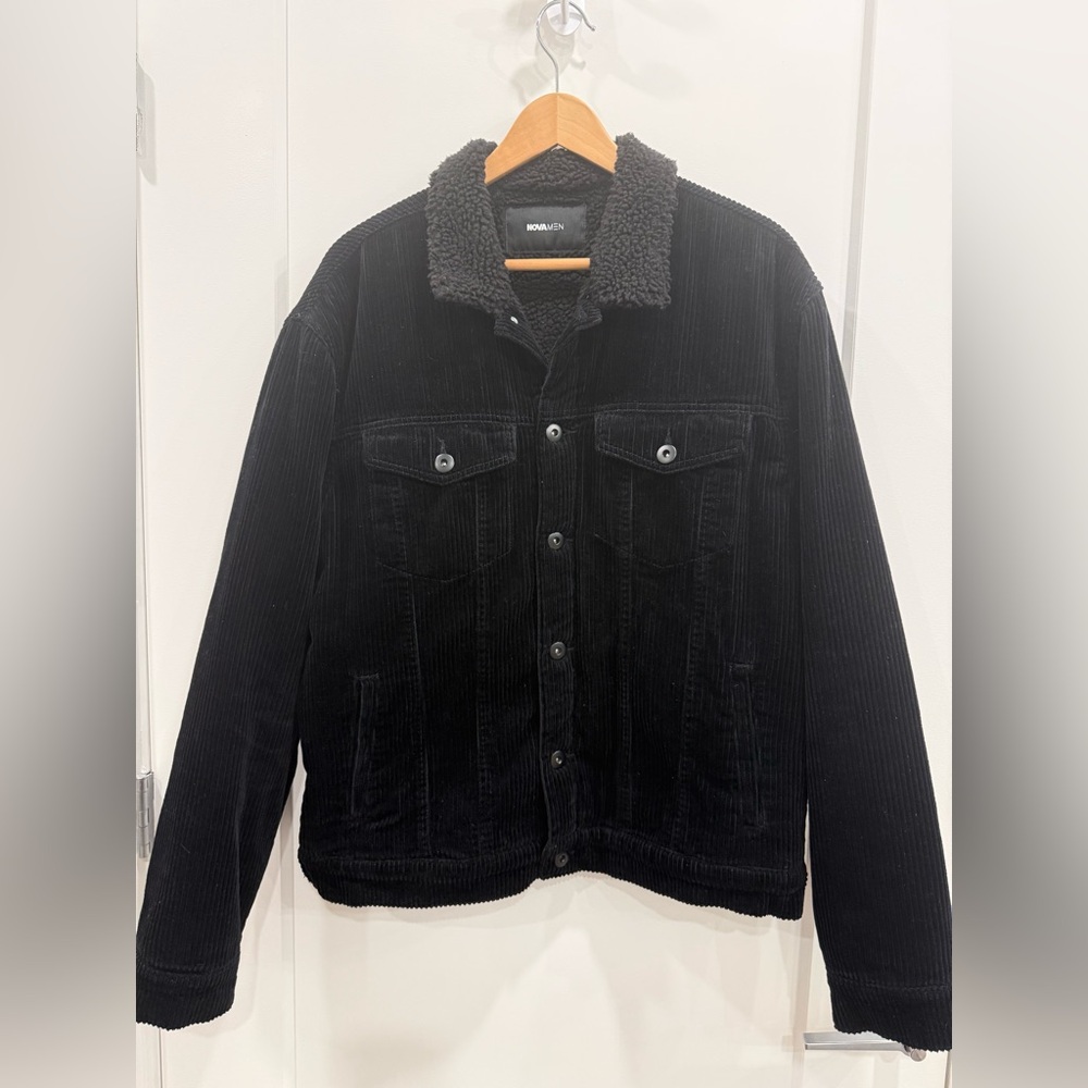 Fashion Nova Men’s Black Sherpa-Lined Corduroy Jacket – Size Large
